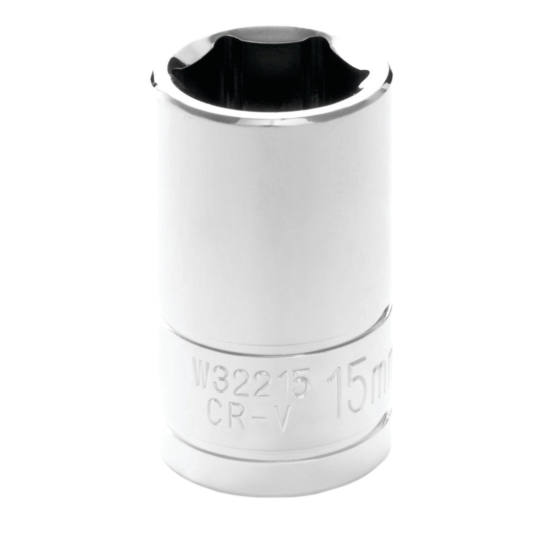 Performance Tool Socket, 1/2 Inch Drive, 15 Millimeter, Metric, 6 Point, Polished Nickel Chrome Plated, Vanadium Alloy Steel, Single – W32215