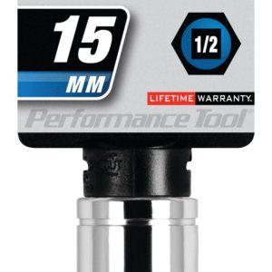Performance Tool Socket, 1/2 Inch Drive, 15 Millimeter, Metric, 6 Point, Polished Nickel Chrome Plated, Vanadium Alloy Steel, Single – W32215