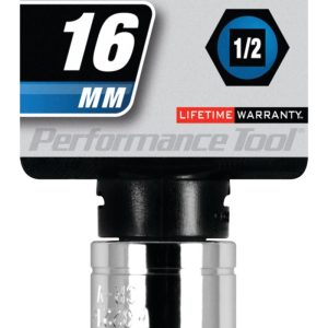 Performance Tool Socket, 1/2 Inch Drive, 16 Millimeter, Metric, 6 Point, Polished Nickel Chrome Plated, Vanadium Alloy Steel, Single – W32216