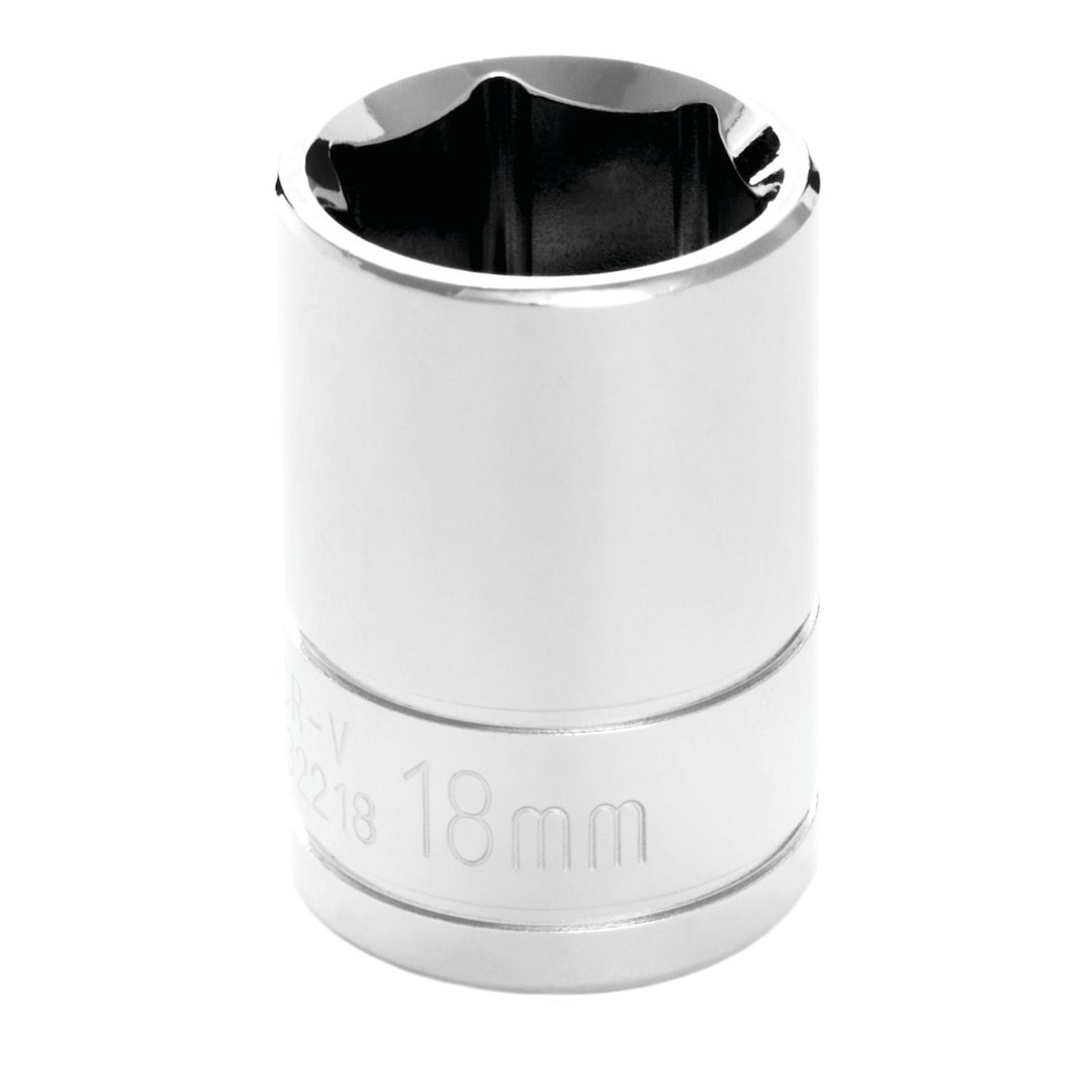 Performance Tool Socket, 1/2 Inch Drive, 18 Millimeter, Metric, 6 Point, Polished Nickel Chrome Plated, Vanadium Alloy Steel, Single – W32218