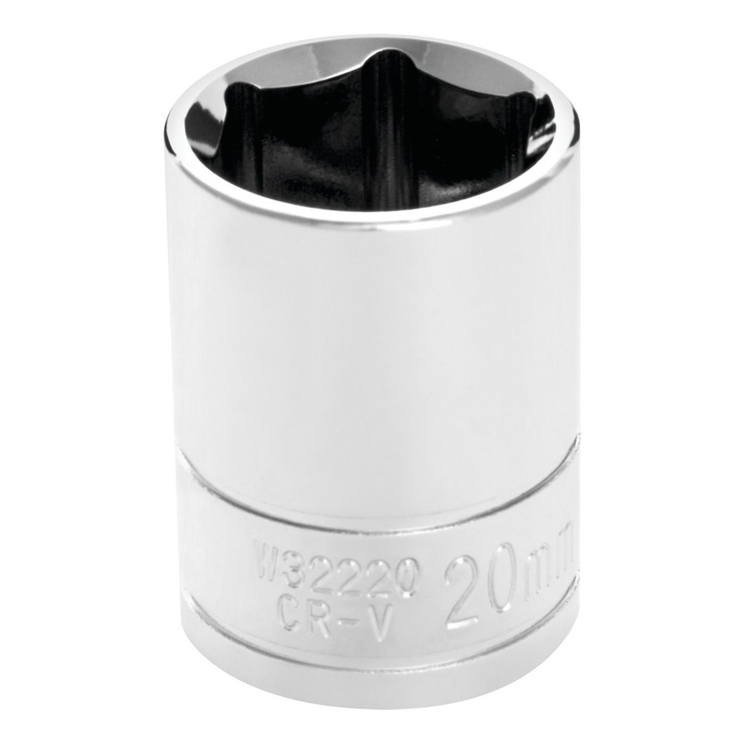 Performance Tool Socket, 1/2 Inch Drive, 20 Millimeter, Metric, 6 Point, Polished Nickel Chrome Plated, Vanadium Alloy Steel, Single – W32220