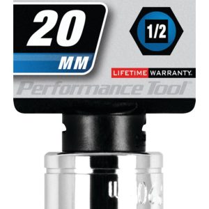 Performance Tool Socket, 1/2 Inch Drive, 20 Millimeter, Metric, 6 Point, Polished Nickel Chrome Plated, Vanadium Alloy Steel, Single – W32220