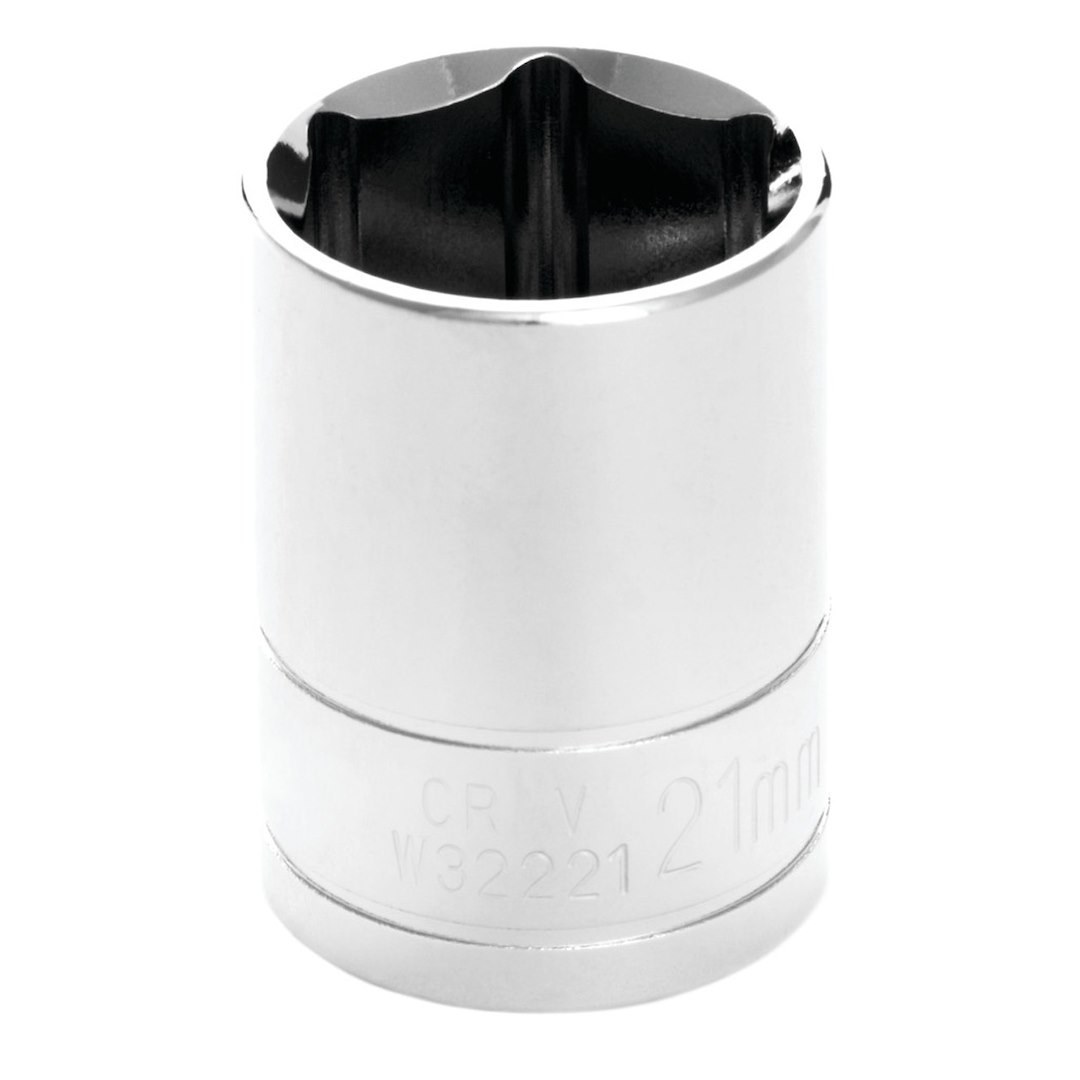 Performance Tool Socket, 1/2 Inch Drive, 21 Millimeter, Metric, 6 Point, Polished Nickel Chrome Plated, Vanadium Alloy Steel, Single – W32221