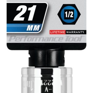Performance Tool Socket, 1/2 Inch Drive, 21 Millimeter, Metric, 6 Point, Polished Nickel Chrome Plated, Vanadium Alloy Steel, Single – W32221
