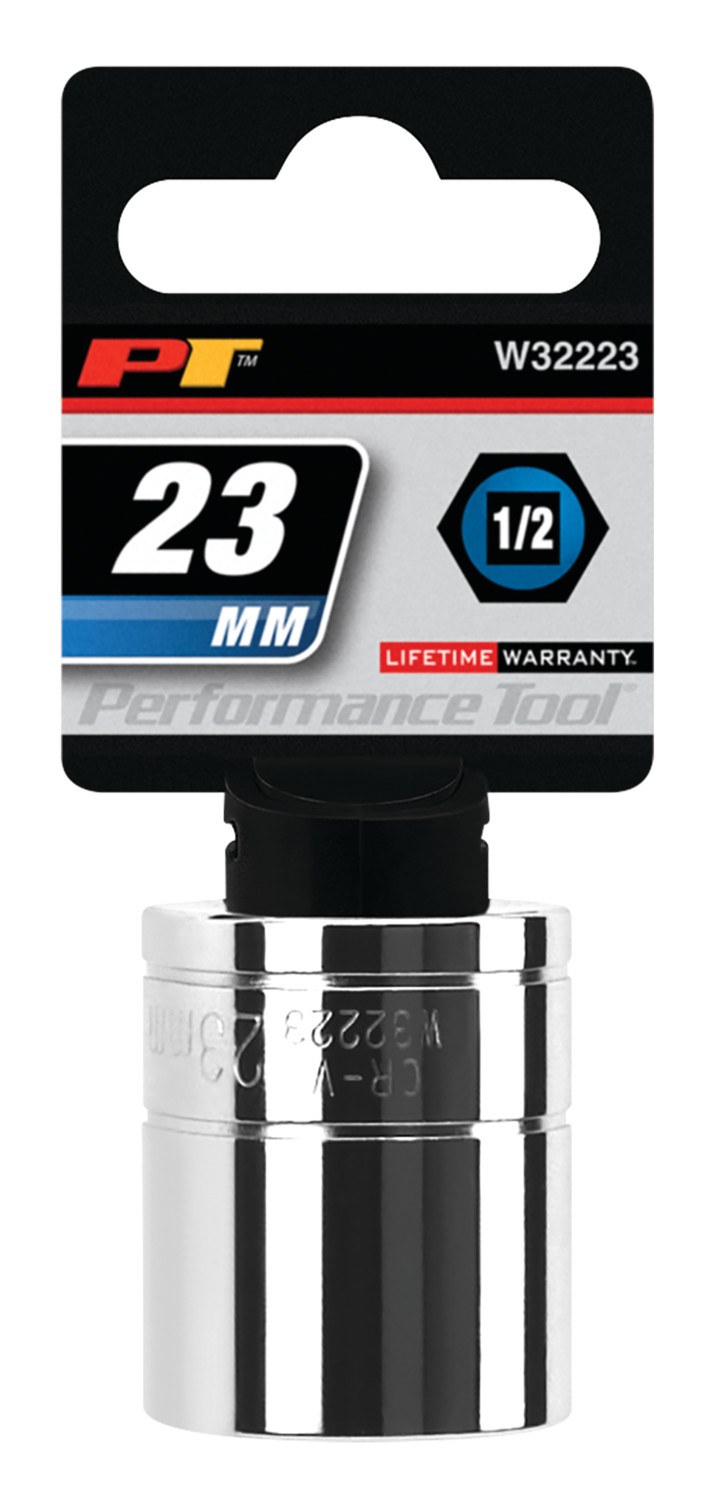 Performance Tool Socket, 1/2 Inch Drive, 23 Millimeter, Metric, 6 Point, Polished Nickel Chrome Plated, Vanadium Alloy Steel, Single – W32223