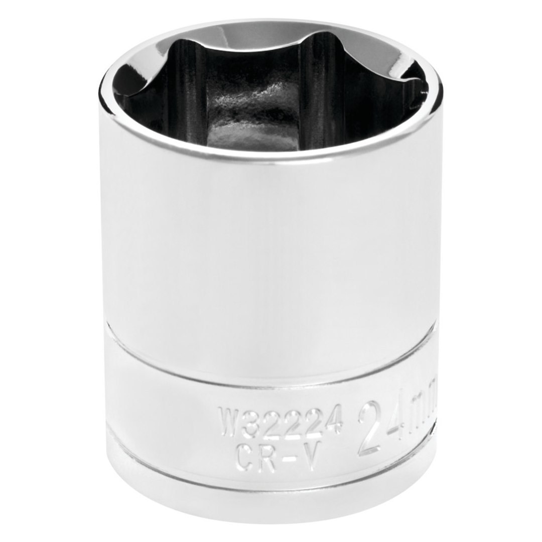 Performance Tool Socket, 1/2 Inch Drive, 24 Millimeter, Metric, 6 Point, Polished Nickel Chrome Plated, Vanadium Alloy Steel, Single – W32224