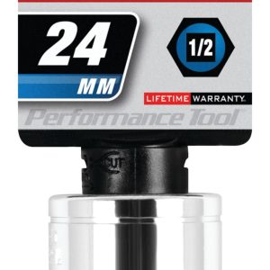 Performance Tool Socket, 1/2 Inch Drive, 24 Millimeter, Metric, 6 Point, Polished Nickel Chrome Plated, Vanadium Alloy Steel, Single – W32224