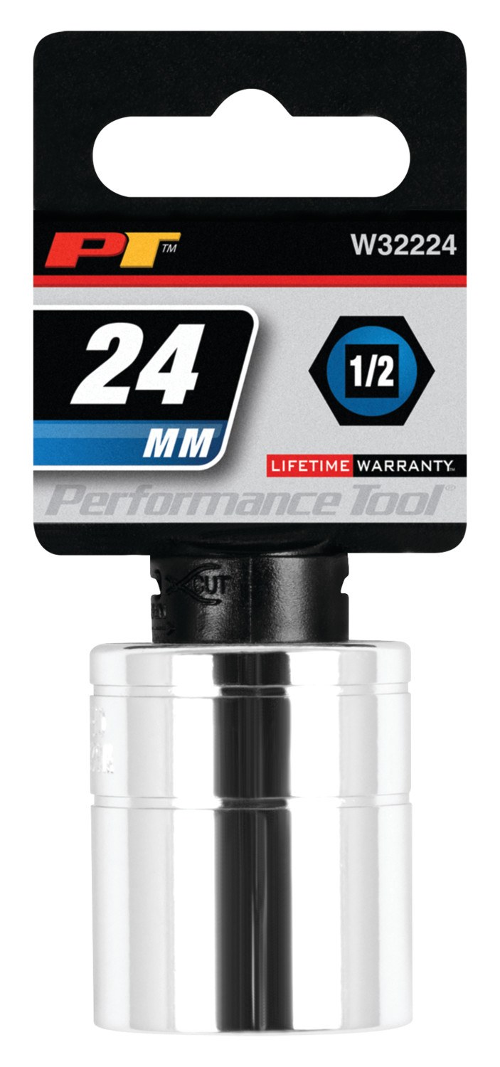 Performance Tool Socket, 1/2 Inch Drive, 24 Millimeter, Metric, 6 Point, Polished Nickel Chrome Plated, Vanadium Alloy Steel, Single – W32224