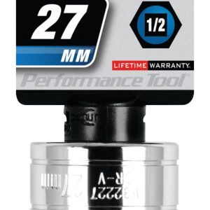 Performance Tool Socket, 1/2 Inch Drive, 27 Millimeter, Metric, 6 Point, Polished Nickel Chrome Plated, Vanadium Alloy Steel, Single – W32227