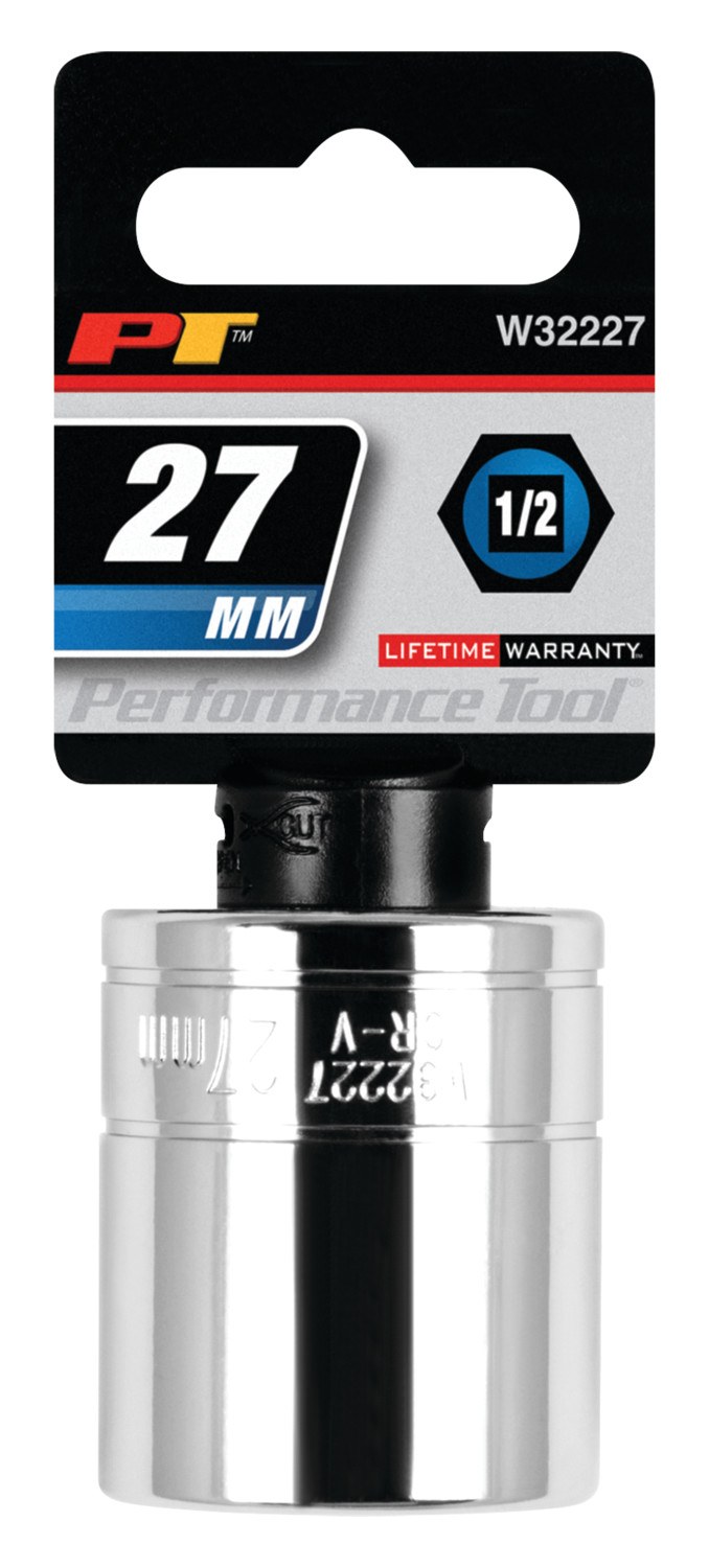 Performance Tool Socket, 1/2 Inch Drive, 27 Millimeter, Metric, 6 Point, Polished Nickel Chrome Plated, Vanadium Alloy Steel, Single – W32227