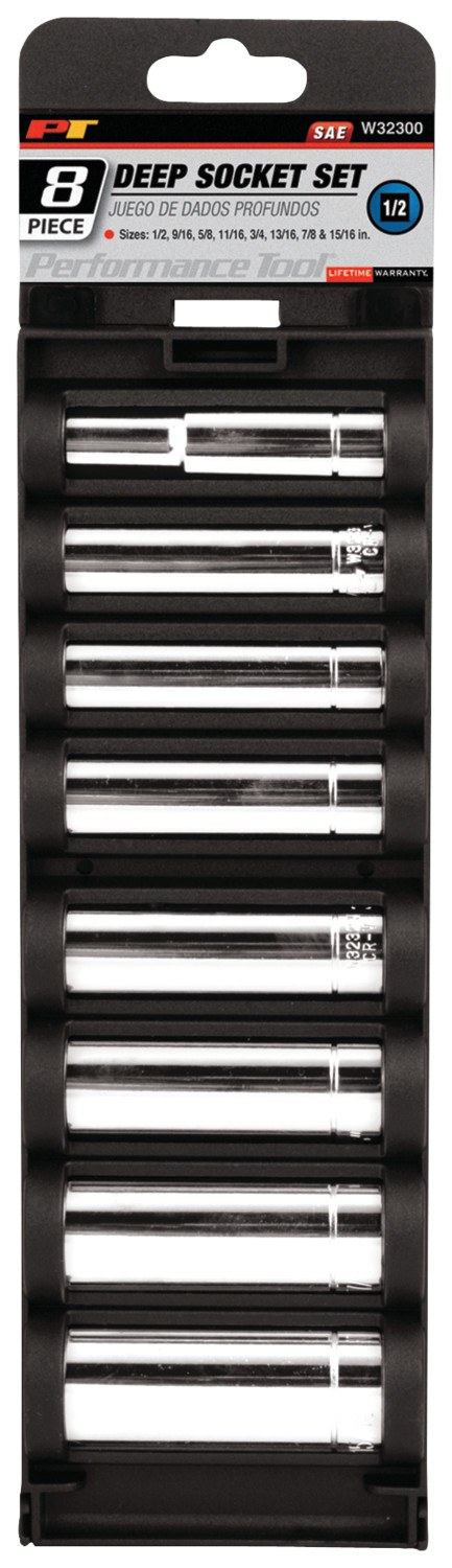 Performance Tool Socket Set, 1/2 Inch Drive, Standard, Deep/ 6 Point, Chrome Vanadium Steel – W32300