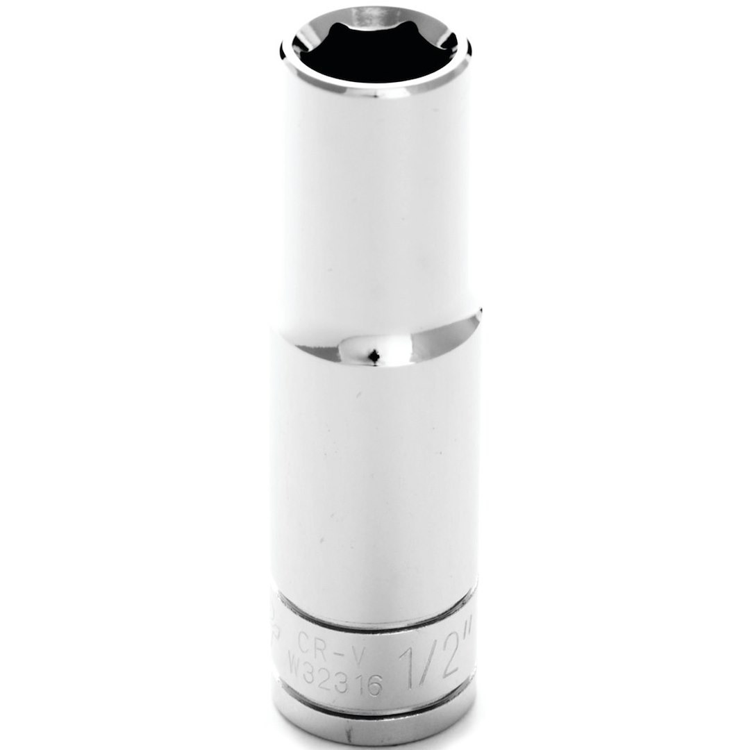 Performance Tool Socket, 1/2 Inch Drive, Standard, Deep Socket, 6 Point, Polished Nickel Chrome Plated, Vanadium Alloy Steel, Single – W32316