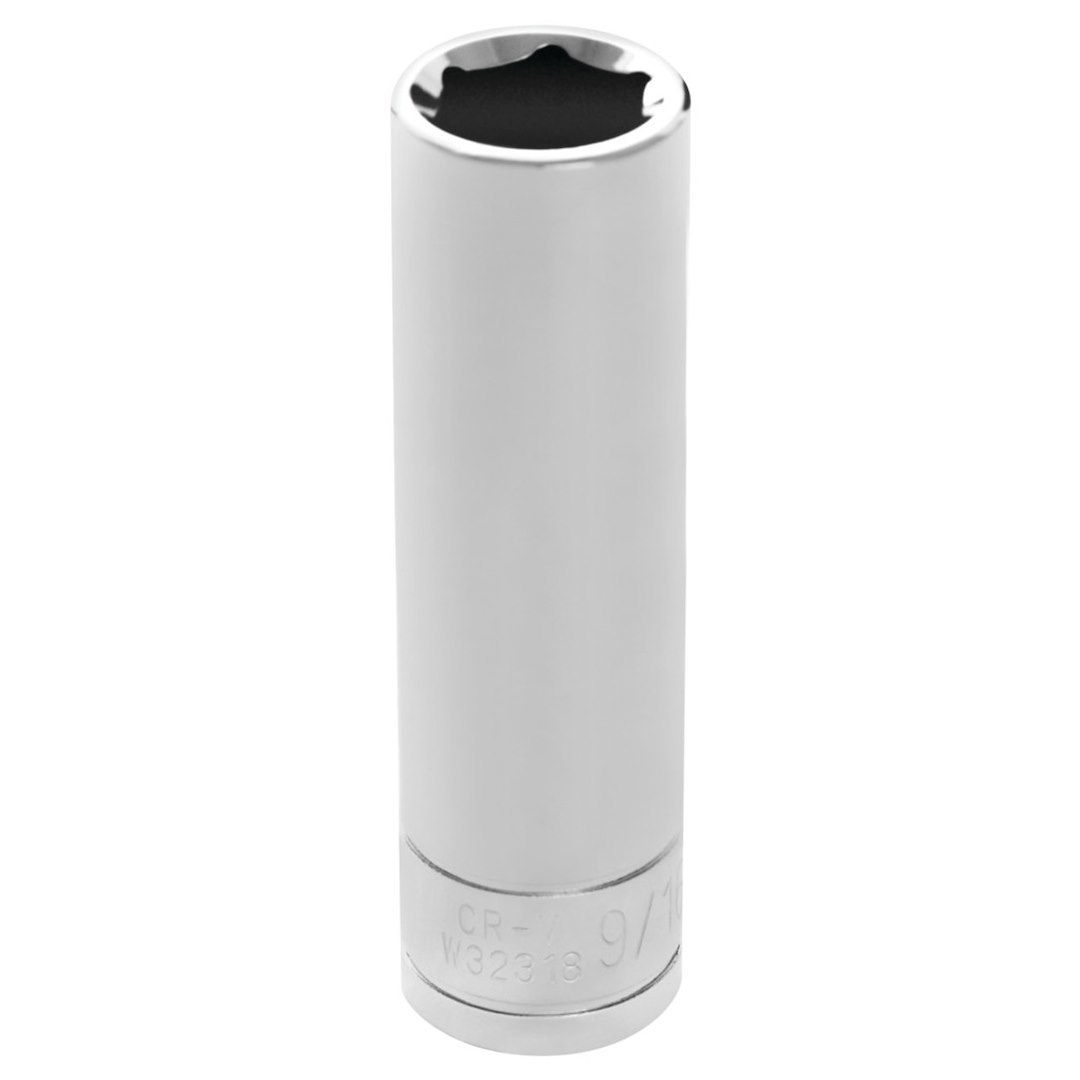 Performance Tool Socket, 1/2 Inch Drive, 9/16 Inch, Standard, Deep Socket, 6 Point, Polished Nickel Chrome Plated, Vanadium Alloy Steel – W32318