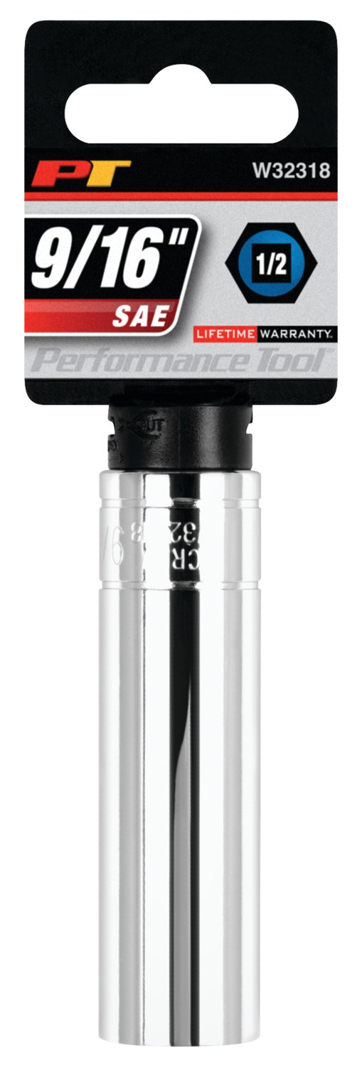 Performance Tool Socket, 1/2 Inch Drive, 9/16 Inch, Standard, Deep Socket, 6 Point, Polished Nickel Chrome Plated, Vanadium Alloy Steel – W32318