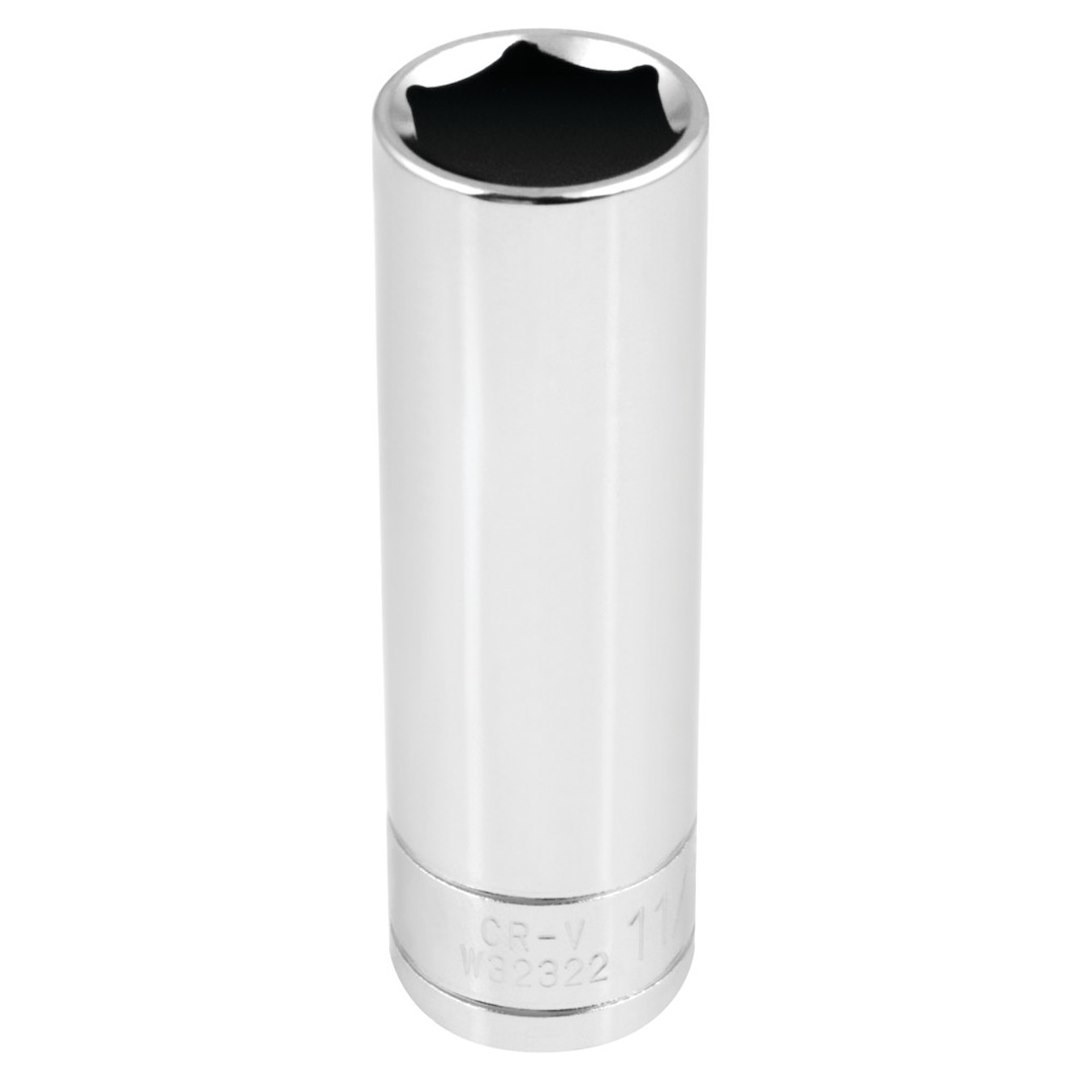Performance Tool Socket, 1/2 Inch Drive, 11/16 Inch, Standard, Deep Socket, 6 Point, Polished Nickel Chrome Plated, Vanadium Alloy Steel – W32322