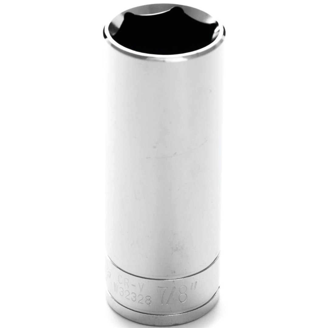 Performance Tool Socket, 1/2 Inch Drive, 7/8 Inch, Standard, Deep Socket, 6 Point, Polished Nickel Chrome Plated, Vanadium Alloy Steel – W32328