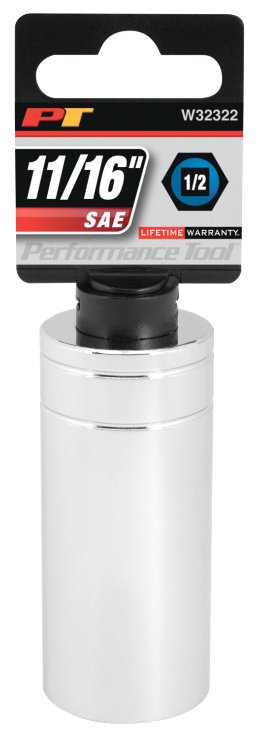 Performance Tool Socket, 1/2 Inch Drive, Standard, Deep Socket, 6 Point, Polished Nickel Chrome Plated, Vanadium Alloy Steel, Single – W32332