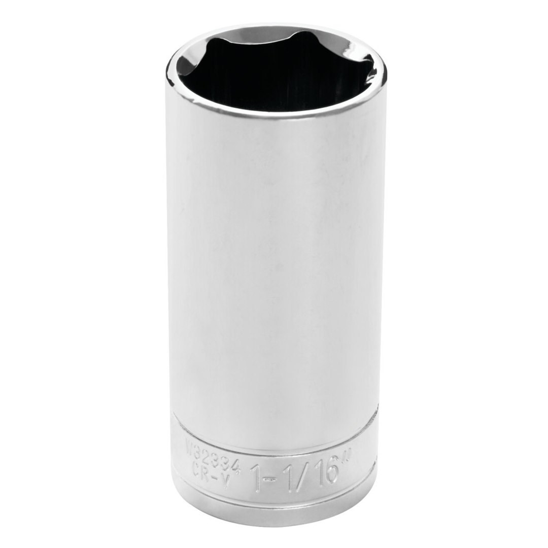 Performance Tool Socket, 1/2 Inch Drive, 1-1/16 Inch, Standard, Deep Socket, 6 Point, Polished Nickel Chrome Plated, Vanadium Alloy Steel – W32334