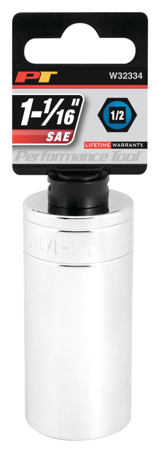 Performance Tool Socket, 1/2 Inch Drive, 1-1/16 Inch, Standard, Deep Socket, 6 Point, Polished Nickel Chrome Plated, Vanadium Alloy Steel – W32334