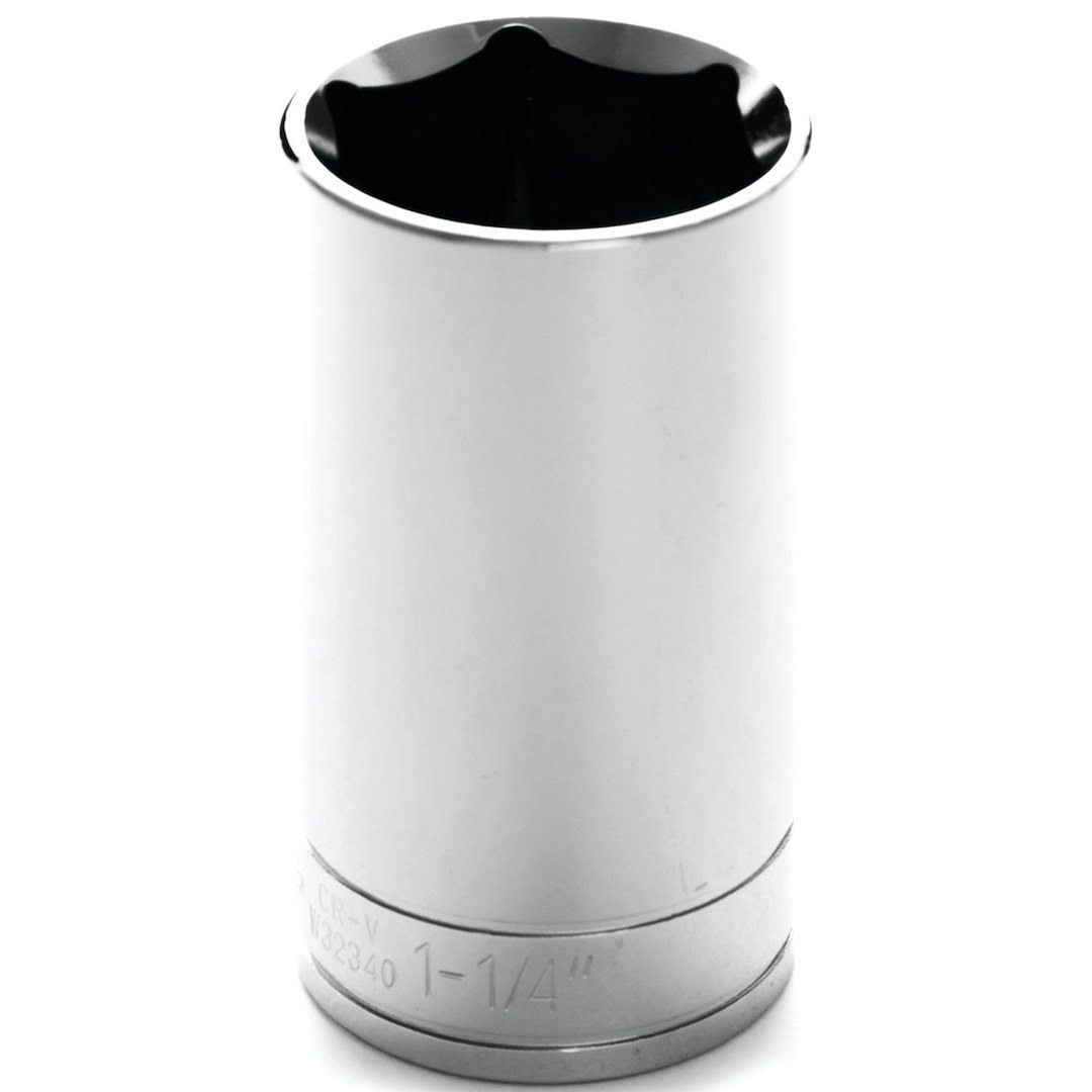 Performance Tool Socket, 1/2 Inch Drive, 1-1/4 Inch, Standard, Deep Socket, 6 Point, Polished Nickel Chrome Plated, Vanadium Alloy Steel – W32340
