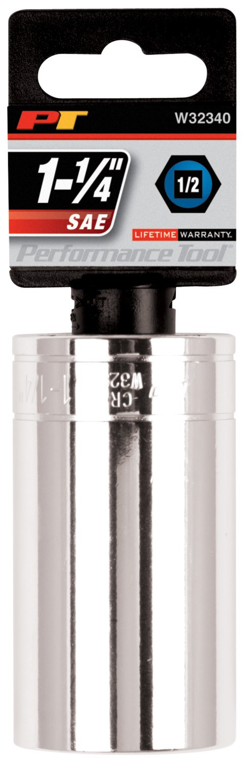 Performance Tool Socket, 1/2 Inch Drive, 1-1/4 Inch, Standard, Deep Socket, 6 Point, Polished Nickel Chrome Plated, Vanadium Alloy Steel – W32340