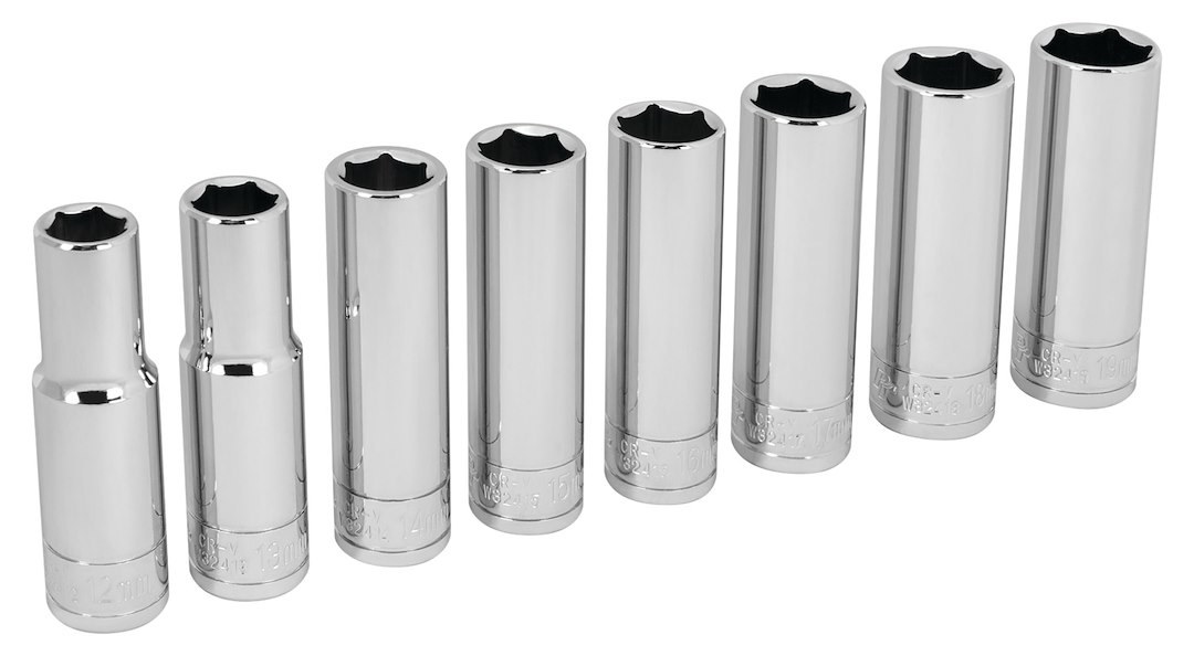 Performance Tool Socket Set, 1/2 Inch Drive, Metric, Deep/ 6 Point, Chrome Vanadium Steel – W32400