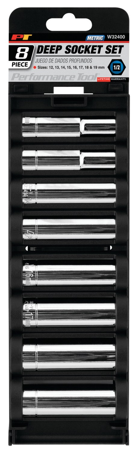 Performance Tool Socket Set, 1/2 Inch Drive, Metric, Deep/ 6 Point, Chrome Vanadium Steel – W32400
