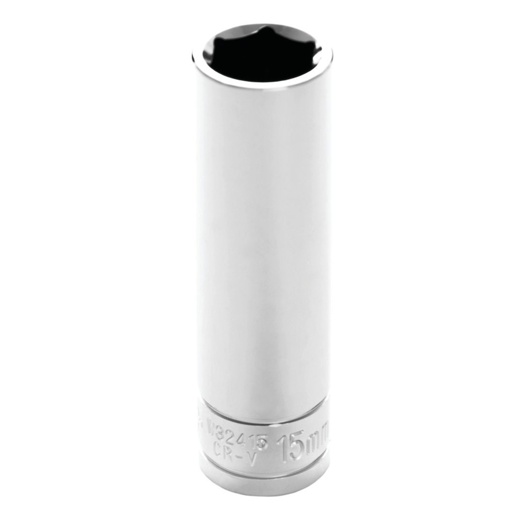Performance Tool Socket, 1/2 Inch Drive, 15 Millimeter, Metric, Deep Socket, 6 Point, Polished Nickel Chrome Plated, Vanadium Alloy Steel – W32415