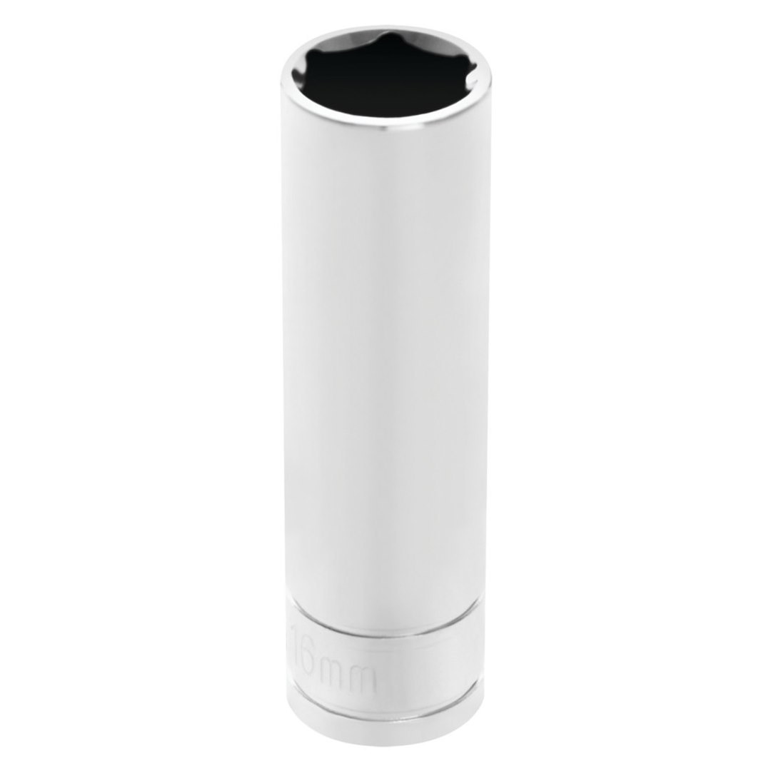 Performance Tool Socket, 1/2 Inch Drive, 16 Millimeter, Metric, Deep Socket, 6 Point, Polished Nickel Chrome Plated, Vanadium Alloy Steel – W32416