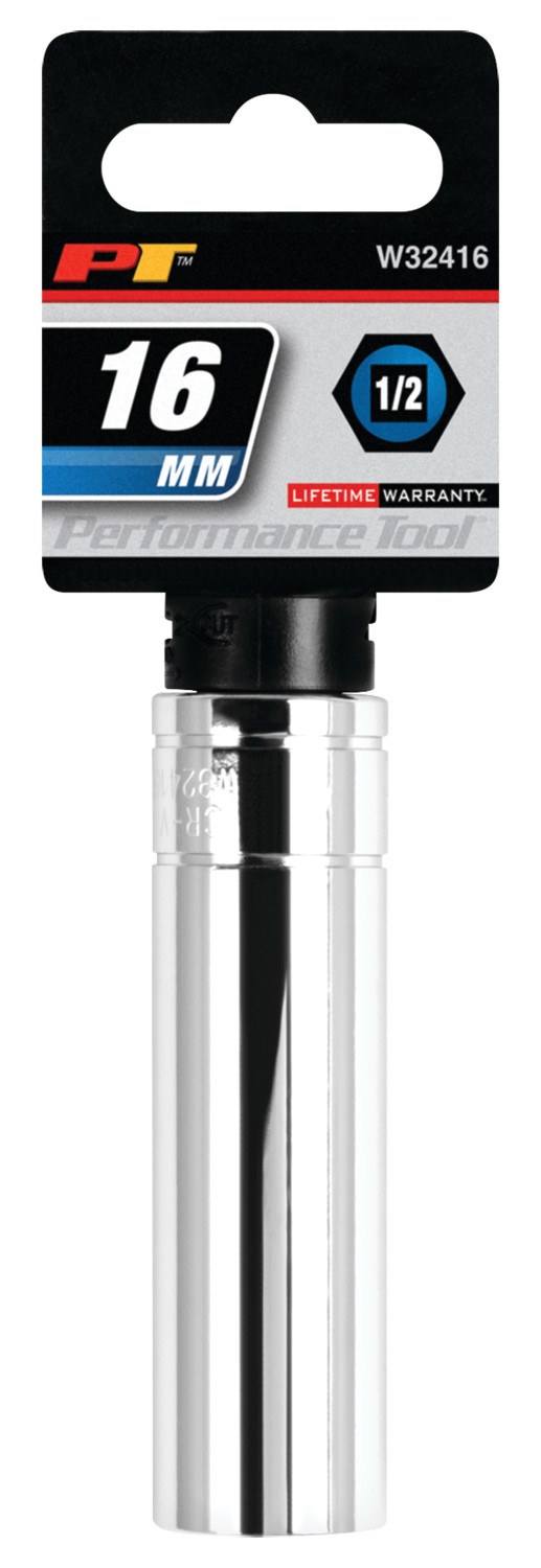 Performance Tool Socket, 1/2 Inch Drive, 16 Millimeter, Metric, Deep Socket, 6 Point, Polished Nickel Chrome Plated, Vanadium Alloy Steel – W32416
