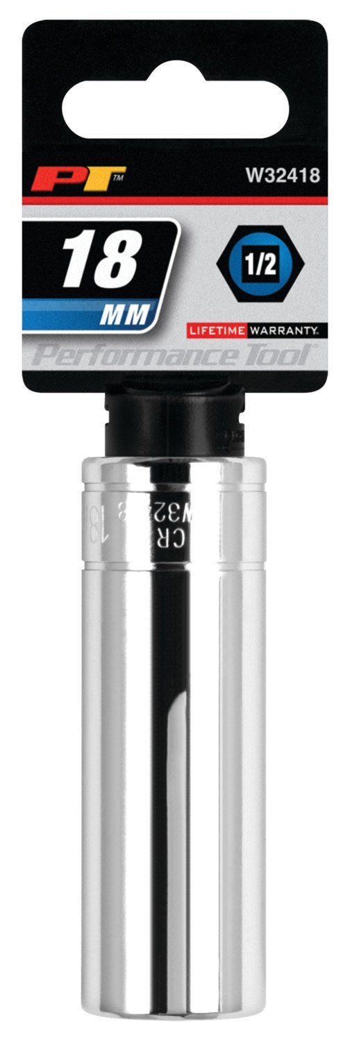 Performance Tool Socket, 1/2 Inch Drive, 18 Millimeter, Metric, Deep Socket, 6 Point, Polished Nickel Chrome Plated, Vanadium Alloy Steel – W32418