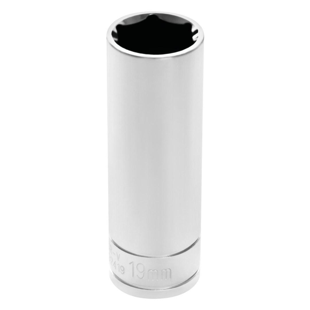 Performance Tool Socket, 1/2 Inch Drive, 19 Millimeter, Metric, Deep Socket, 6 Point, Polished Nickel Chrome Plated, Vanadium Alloy Steel – W32419