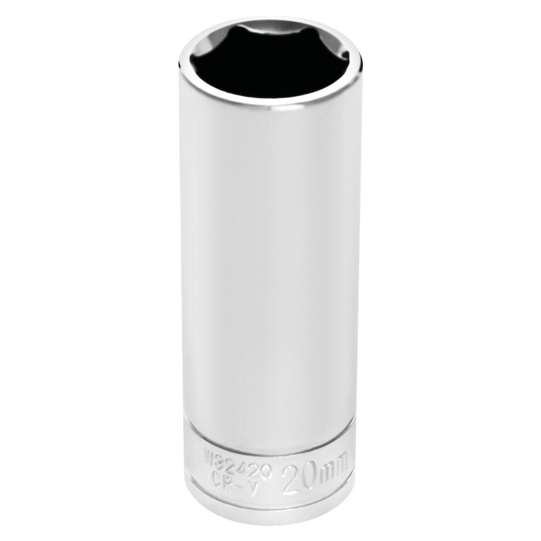 Performance Tool Socket, 1/2 Inch Drive, 20 Millimeter, Metric, Deep Socket, 6 Point, Polished Nickel Chrome Plated, Vanadium Alloy Steel – W32420