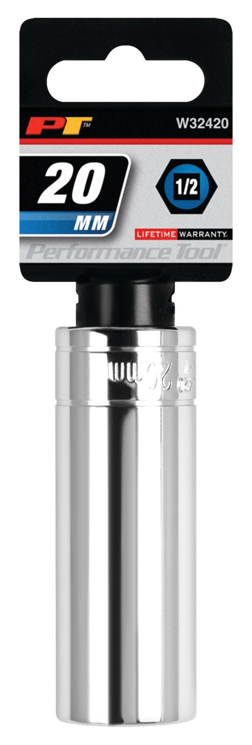 Performance Tool Socket, 1/2 Inch Drive, 20 Millimeter, Metric, Deep Socket, 6 Point, Polished Nickel Chrome Plated, Vanadium Alloy Steel – W32420