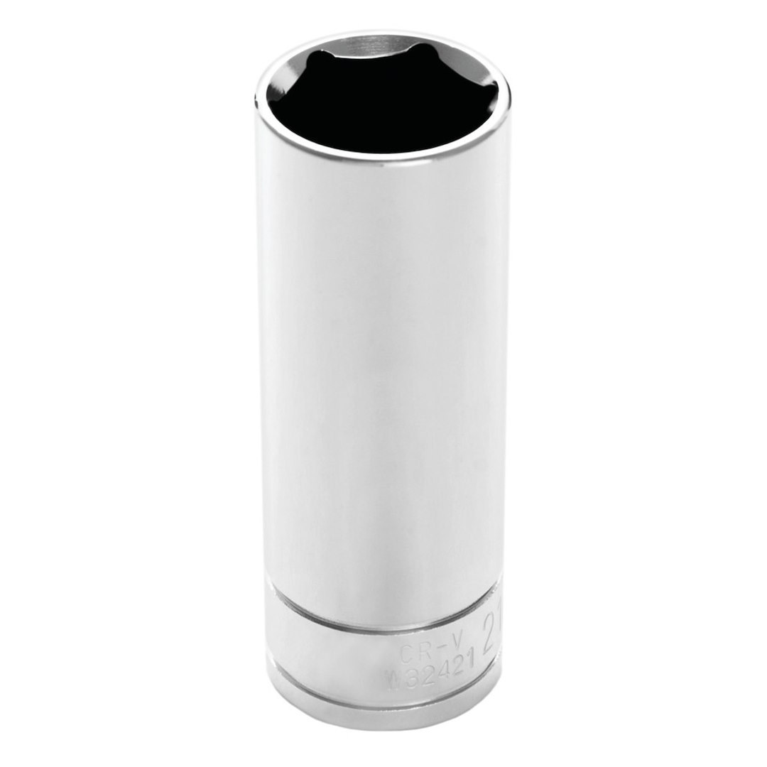 Performance Tool Socket, 1/2 Inch Drive, 21 Millimeter, Metric, Deep Socket, 6 Point, Polished Nickel Chrome Plated, Vanadium Alloy Steel – W32421