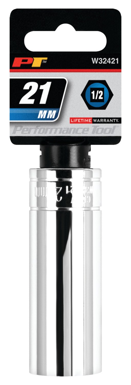Performance Tool Socket, 1/2 Inch Drive, 21 Millimeter, Metric, Deep Socket, 6 Point, Polished Nickel Chrome Plated, Vanadium Alloy Steel – W32421