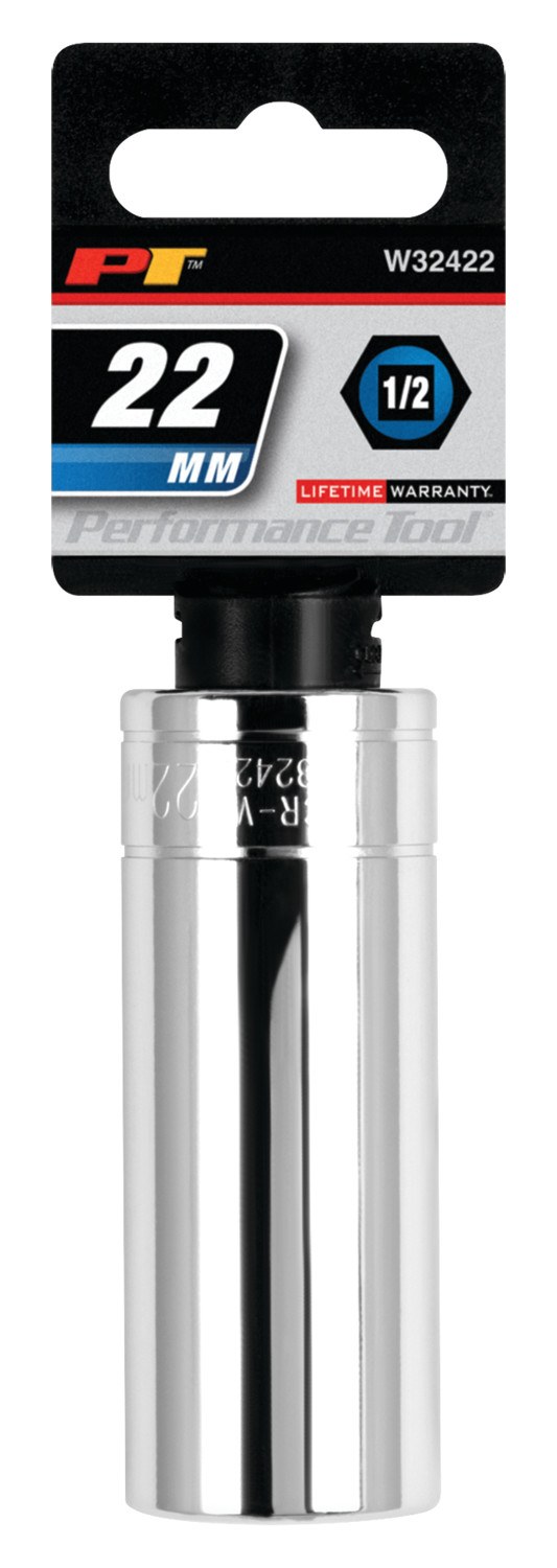 Performance Tool Socket, 1/2 Inch Drive, 22 Millimeter, Metric, Deep Socket, 6 Point, Polished Nickel Chrome Plated, Vanadium Alloy Steel – W32422