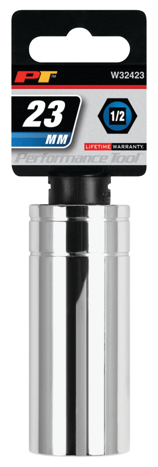 Performance Tool Socket, 1/2 Inch Drive, 23 Millimeter, Metric, Deep Socket, 6 Point, Polished Nickel Chrome Plated, Vanadium Alloy Steel – W32423