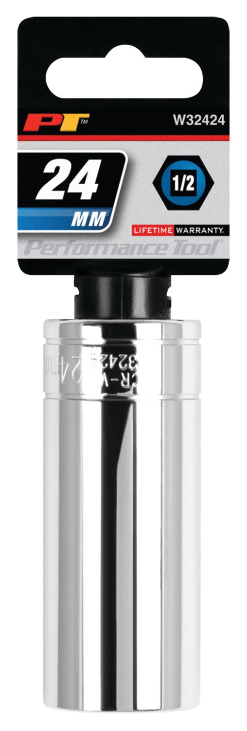 Performance Tool Socket, 1/2 Inch Drive, 24 Millimeter, Metric, Deep Socket, 6 Point, Polished Nickel Chrome Plated, Vanadium Alloy Steel – W32424