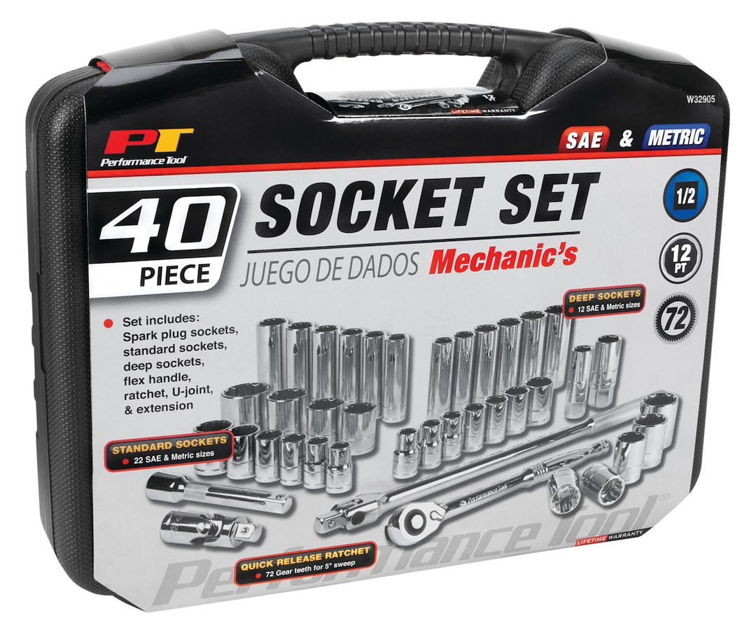 Performance Tool Socket Set, 1/2 Inch Drive, Standard/ Metric, Chrome Vanadium Steel – W32905