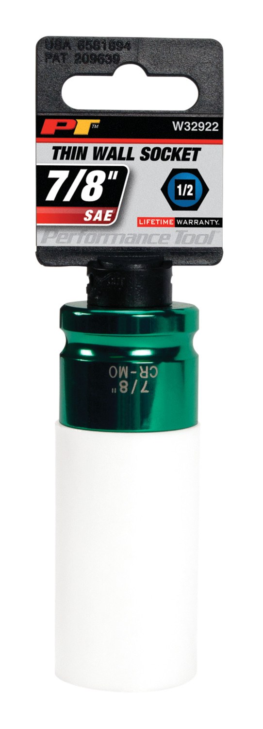 Performance Tool Socket, 1/2 Inch Drive, 7/8 Inch, Thin Wall Impact Socket, Chrome Molybdenum Steel, Single – W32922