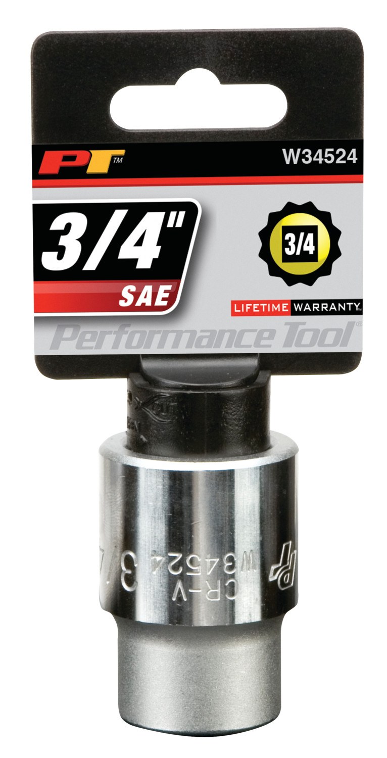 Performance Tool Socket, 3/4 Inch Drive, Standard, 12 Point, Polished Nickel Chrome Plated, Vanadium Alloy Steel, Single – W34524