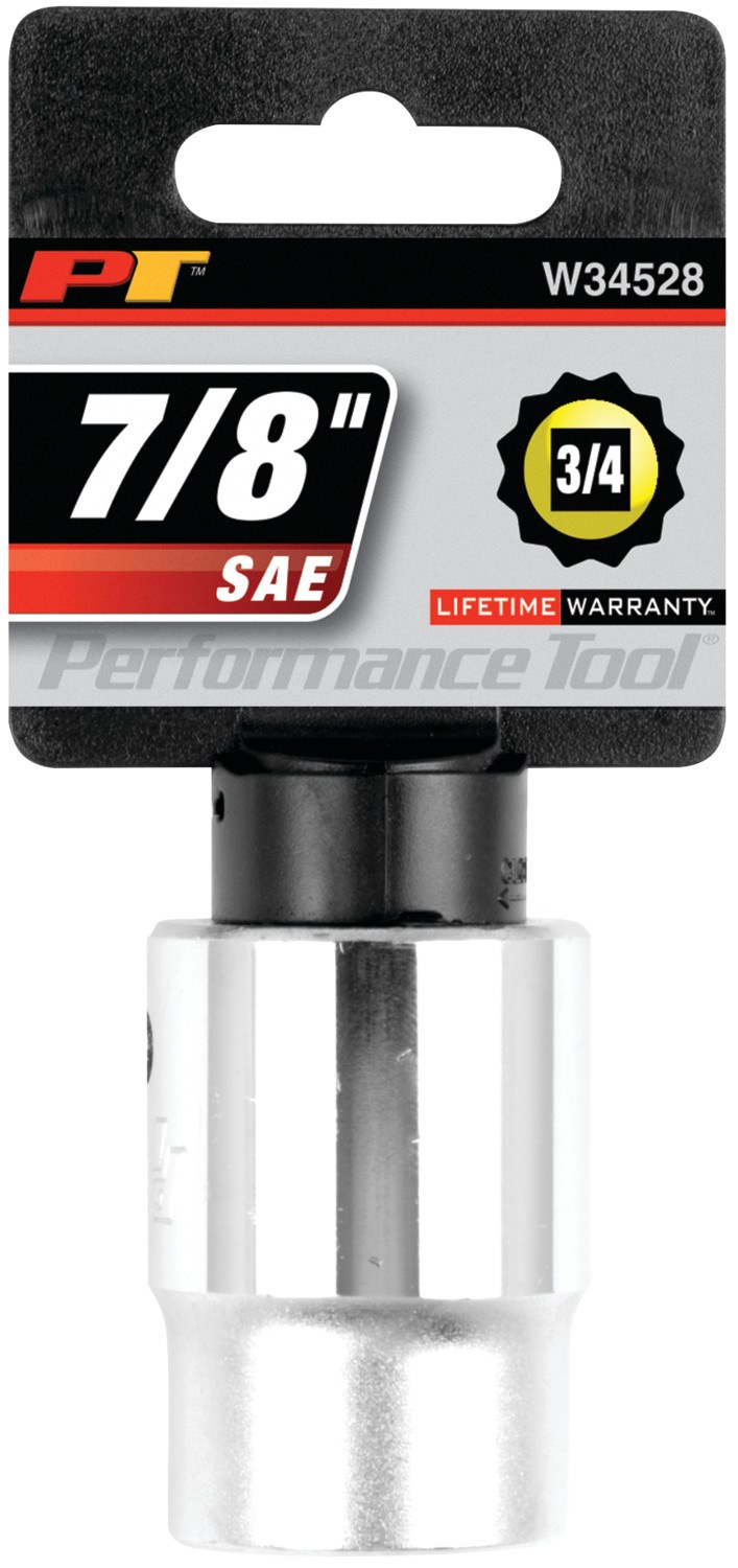 Performance Tool Socket, 3/4 Inch Drive, 7/8 Inch, Standard, 12 Point, Polished Nickel Chrome Plated, Vanadium Alloy Steel, Single – W34528