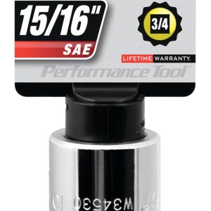 Performance Tool Socket, 3/4 Inch Drive, 15/16 Inch, Standard, 12 Point, Polished Nickel Chrome Plated, Vanadium Alloy Steel, Single – W34530