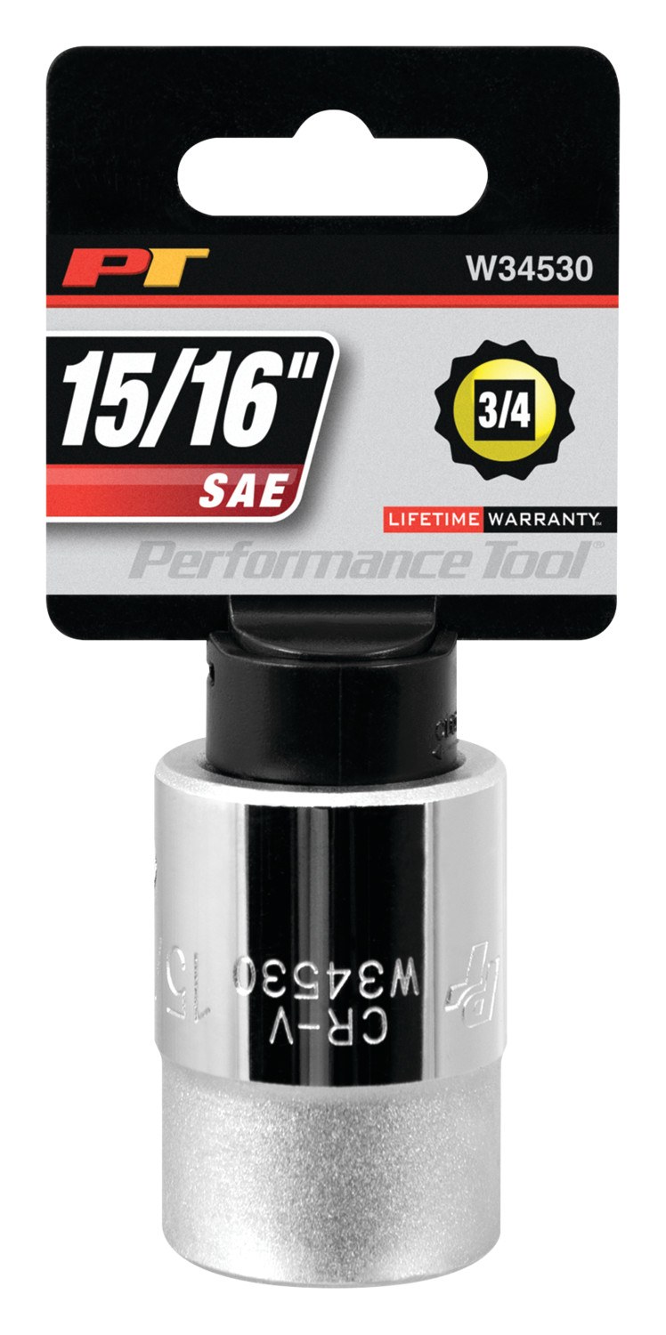 Performance Tool Socket, 3/4 Inch Drive, 15/16 Inch, Standard, 12 Point, Polished Nickel Chrome Plated, Vanadium Alloy Steel, Single – W34530