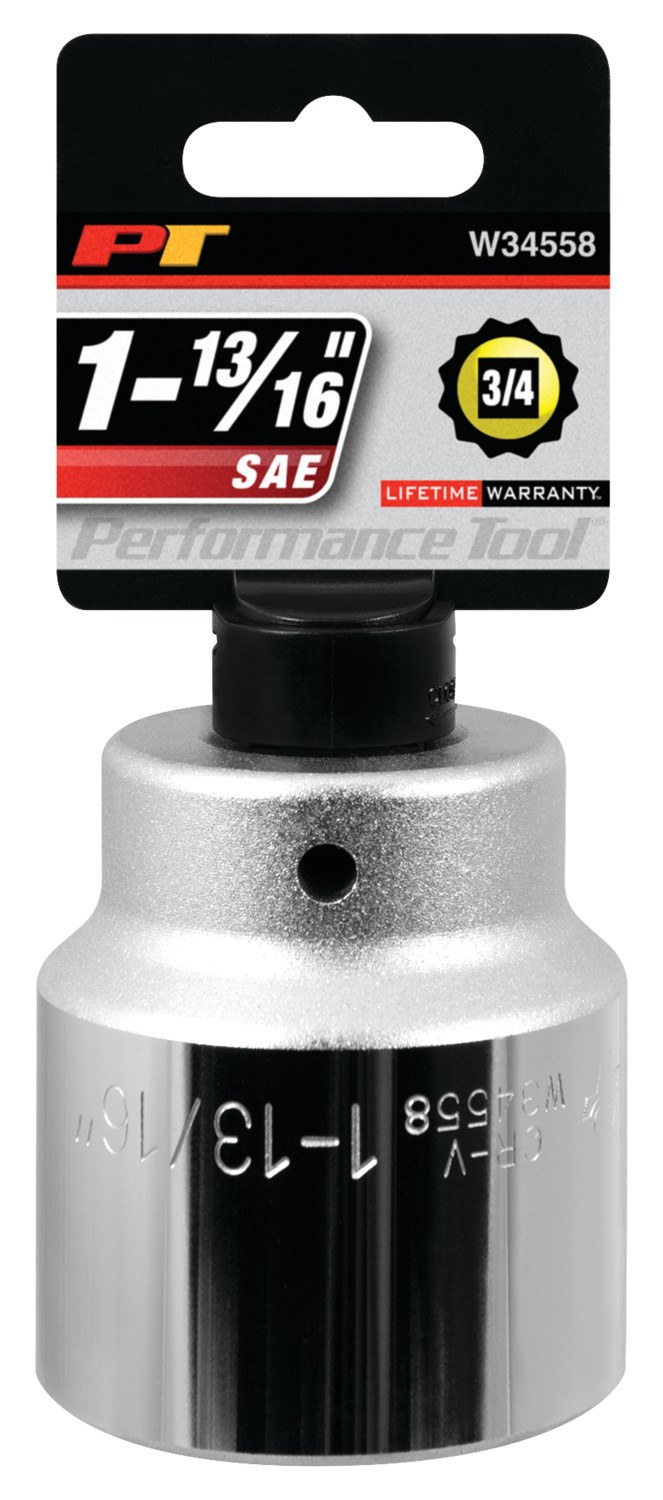 Performance Tool Socket, 3/4 Inch Drive, 1-13/16 Inch, Standard, 12 Point, Polished Nickel Chrome Plated, Vanadium Alloy Steel, Single – W34558
