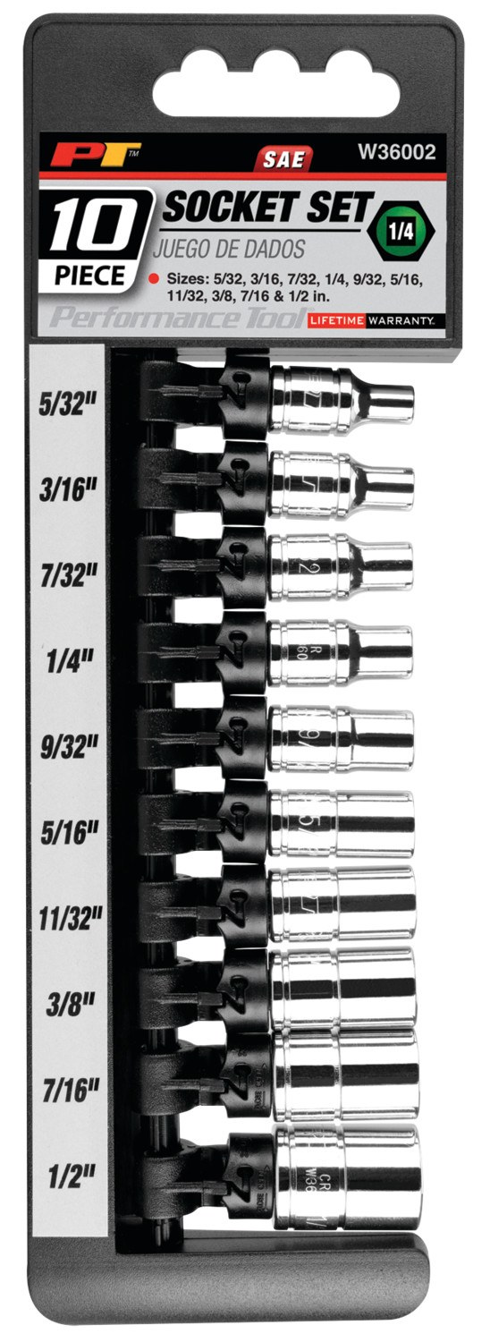 Performance Tool Socket Set, 1/4 Inch Drive, Standard, 6 Point, Chrome Vanadium Steel – W36002