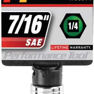 Performance Tool Socket, 1/4 Inch Drive, 7/16 Inch, Standard, 6 Point, Polished Nickel Chrome Plated, Vanadium Alloy Steel, Single – W36014