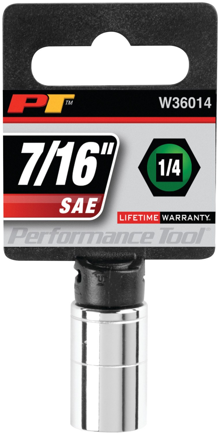 Performance Tool Socket, 1/4 Inch Drive, 7/16 Inch, Standard, 6 Point, Polished Nickel Chrome Plated, Vanadium Alloy Steel, Single – W36014