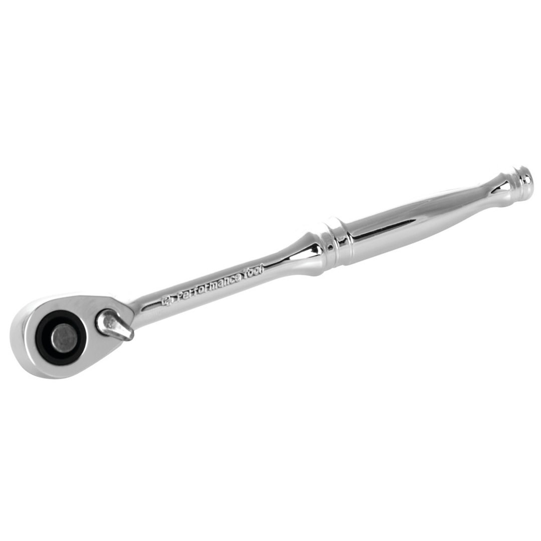 Performance Tool Ratchet, 1/4 Inch Drive X 5-1/2 Inch Length, Quick Release Teardrop Head, 72 Teeth, Polished Nickel Chrome Plated – W36101